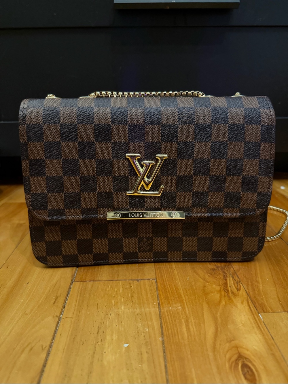L_Vuitton Brown Damier Ebene Chain Crossbody Bag with Gold Hardware